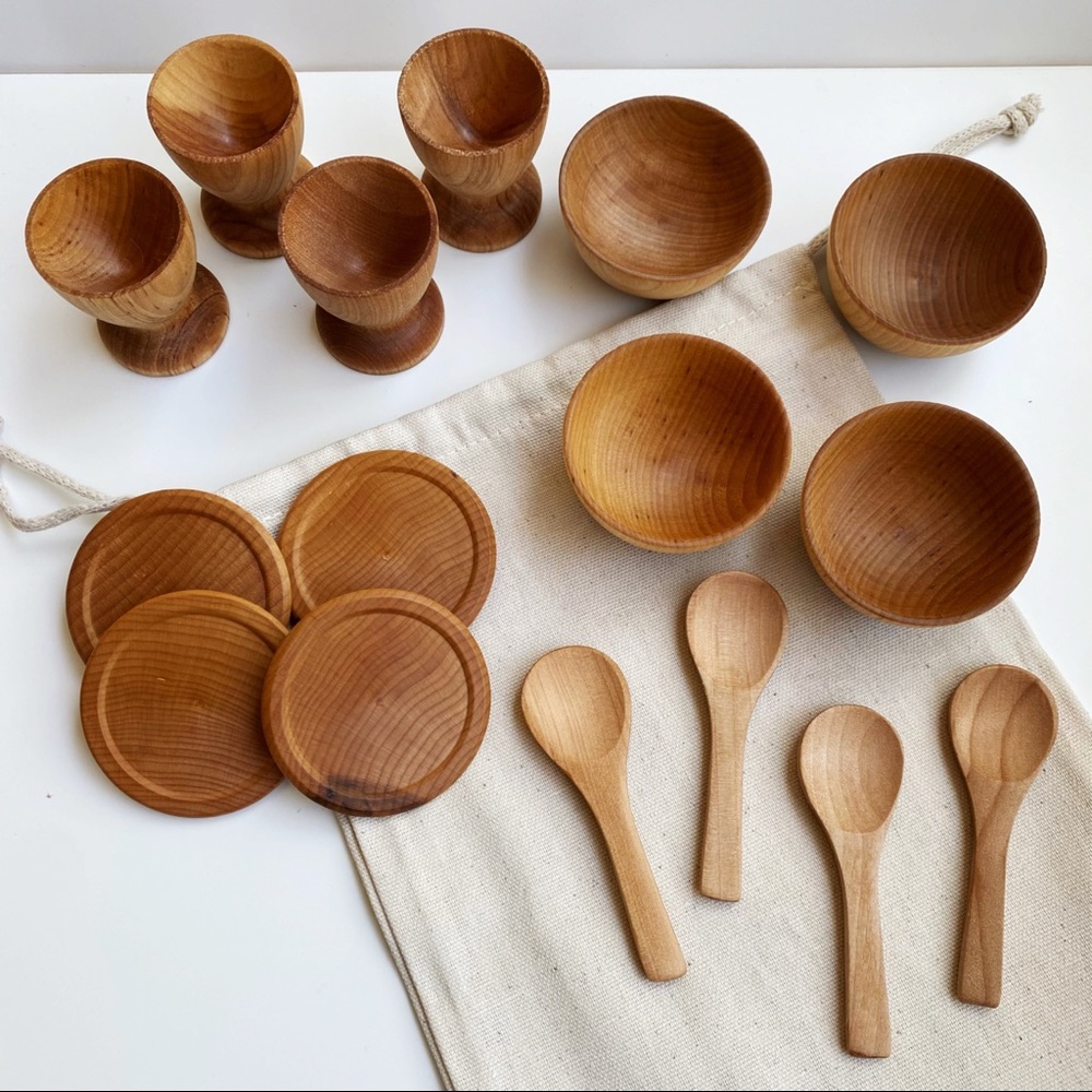 Montessori Waldorf Wooden Pretend Play Dish Set, Kitchen Tools